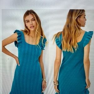 NWT Anthropologie Ruffled Pointelle Mini Dress Turquoise M